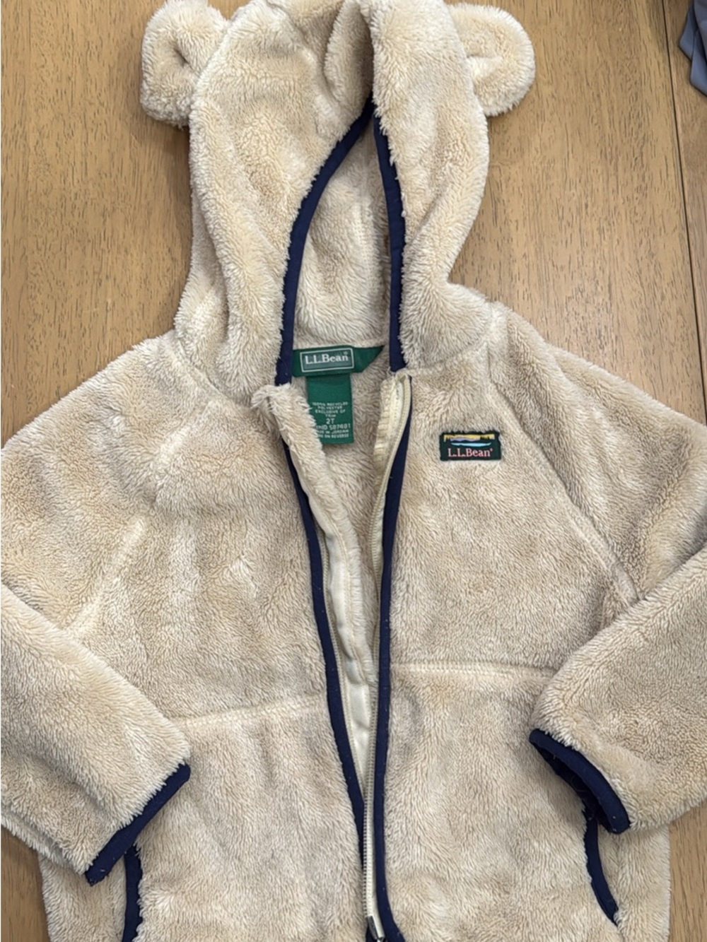 L.L. Bean Cream Sherpa Hoodie with Navy Trim